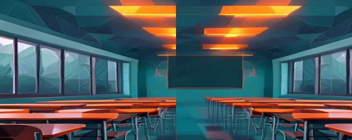 Polygon-art empty classroom at night, symmetric vanishing point view down the center aisle — the class school never taught